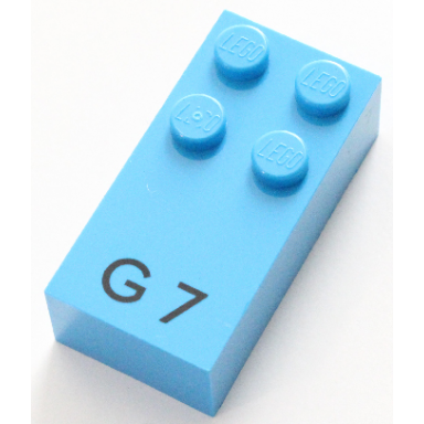 dark azure brick braille 2 x 4 with 4 studs with black capital letter g number 7 pattern dots-1245 â 