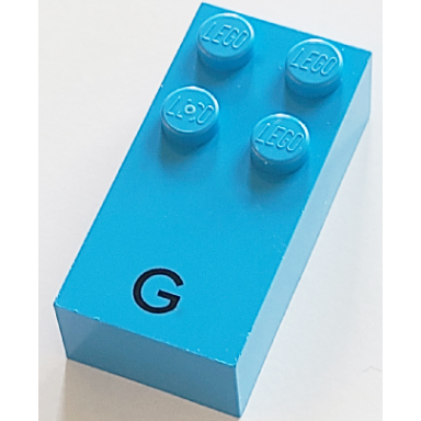 dark azure brick braille 2 x 4 with 4 studs with black capital letter g pattern dots-1245 â  french with antoine numbers