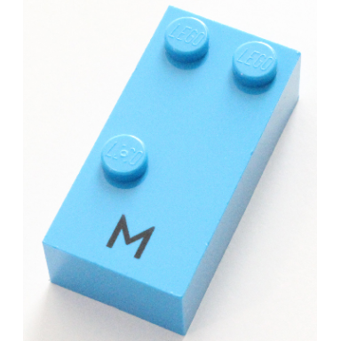 dark azure brick braille 2 x 4 with 3 studs with black capital letter m pattern dots-134 â 