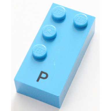 dark azure brick braille 2 x 4 with 4 studs with black capital letter p pattern dots-1234 â 