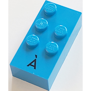 dark azure brick braille 2 x 4 with 5 studs with black capital letter a with grave ã pattern dots-12356 â · french with antoine numbers