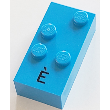 dark azure brick braille 2 x 4 with 4 studs with black capital letter e with grave ã pattern dots-2346 â ® french with antoine numbers