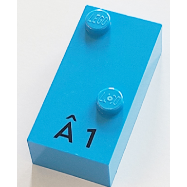 dark azure brick braille 2 x 4 with 2 studs with black capital letter a with circumflex ã number 1 pattern dots-16 â ¡ french with antoine numbers