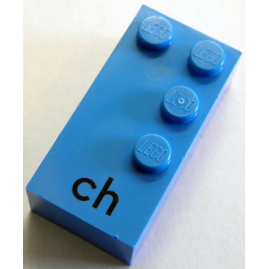 dark azure brick braille 2 x 4 with 4 studs with black lowercase letters ch pattern dots-1456 â ¹ german