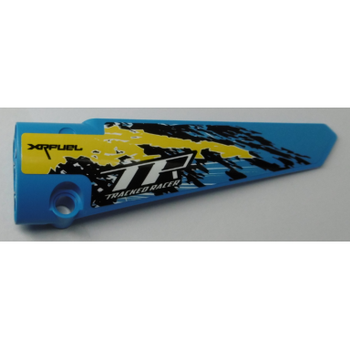 dark azure technic panel fairing 6 long smooth side b with xrfuel tr tracked racer and black yellow and white splotches pattern sticker - set 42095