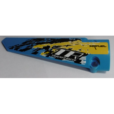 dark azure technic panel fairing 5 long smooth side a with xrfuel tr tracked racer and black yellow and white splotches pattern sticker - set 42095