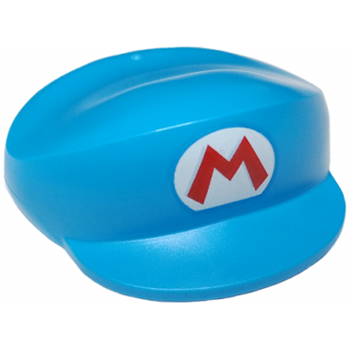 dark azure large figure headgear super mario cap with red capital letter m on white oval pattern ice mario