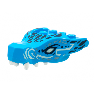 dark azure dragon head ninjago jaw with 2 bar handles on back with light aqua eyes white teeth and black and metallic light blue scales pattern