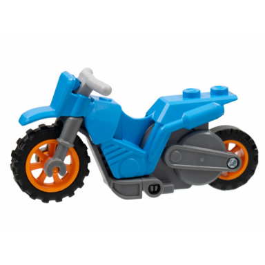 dark azure stuntz flywheel motorcycle dirt bike with dark bluish gray frame orange wheels and light bluish gray handlebars