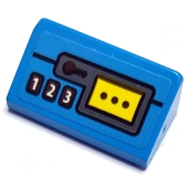 dark azure slope 30 1 x 2 x 2 3 with white number 1 2 3 buttons keyhole and yellow rectangle with 3 black dots pattern sticker - set 70422