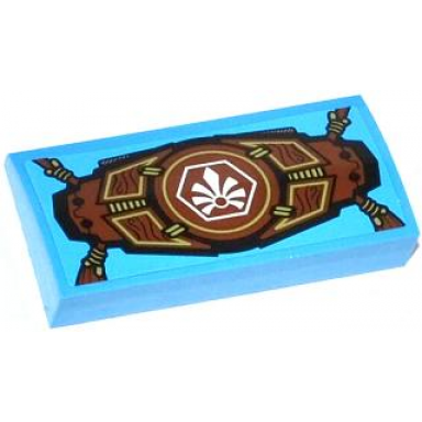 dark azure slope curved 2 x 4 x 2 3 with bottom tubes with white chima logo in hexagon on tied wooden armor components pattern sticker - set 70008