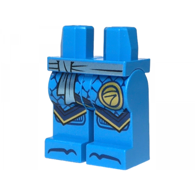 dark azure hips and legs with metallic light blue sash ninjago logogram letter n in circle dark blue robe ends with gold trim knee pads and toes pattern