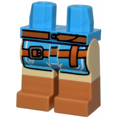dark azure hips and tan legs with molded medium nougat lower legs boots and printed dark azure tunic ends and dark orange belt and strap with buckles pattern