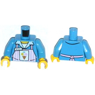 dark azure torso pink apron with white stripes with ice cream cone and mike name tag pattern dark azure arms yellow hands