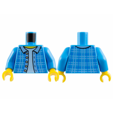 dark azure torso plaid jacket with bright light blue hem and collar and light bluish gray buttons over white shirt yellow neck pattern dark azure arms yellow hands