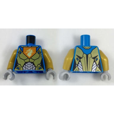 dark azure torso female nexo armor gold and silver with dragon head on orange pentagonal shield pattern pearl gold arms light bluish gray hands