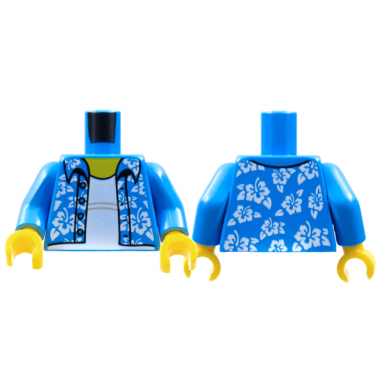 dark azure torso hawaiian shirt open with white flowers over white undershirt pattern dark azure arms yellow hands