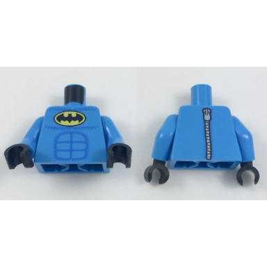 dark azure torso batman logo in yellow oval off-center with blue stitched muscle lines and zipper on back pattern dark azure arms black hands