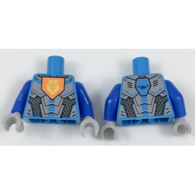 dark azure torso nexo knights armor with orange emblem with yellow crowned lion silver panels dark azure hexagon pattern blue arms light bluish gray hands