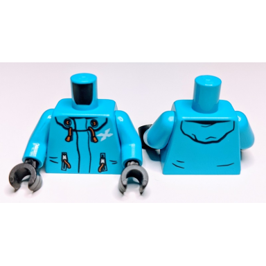 dark azure torso jacket with hood white letter x orange zippers and drawstrings pattern dark azure arms black hands