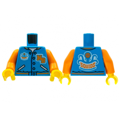 dark azure torso sports jacket with orange nb and squids on back pattern orange arms yellow hands