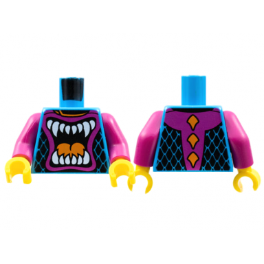 dark azure torso racing suit angry open mouth with white teeth and orange tongue pattern magenta arms yellow hands