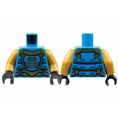 dark azure torso armor gold panel lines and samurai logo pattern pearl gold arms black hands