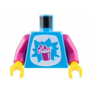 dark azure torso white tummy with starburst explosion and magenta slushy cup with lid and straw pattern magenta arms yellow hands