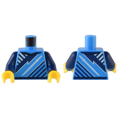 dark azure torso t-shirt with white sword and angled dark blue lines pattern dark blue arms yellow hands