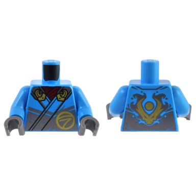 dark azure torso robe silver straps gold buckles ninjago logogram letter n and dragon head and orb on back pattern dark azure arms dark bluish gray hands
