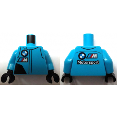 dark azure torso racing suit with black panel bmw motorsport logo white capital letter m with red blue and dark azure diagonal stripes pattern dark azure arms black hands
