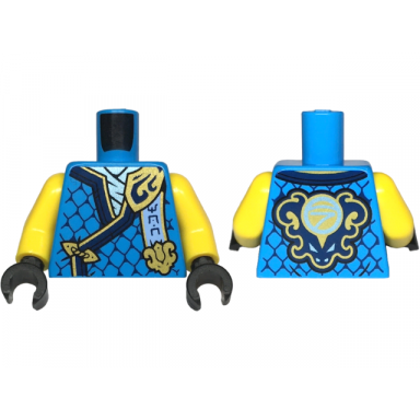 dark azure torso tunic with dark blue hems gold trim metallic light blue shirt ninjago logogram mow letter n on back pattern yellow arms black hands