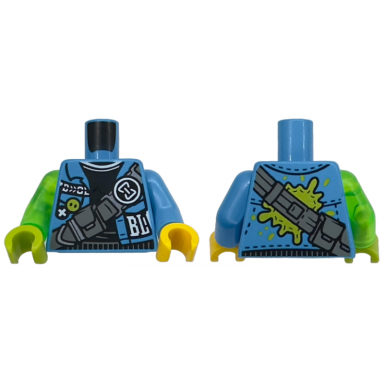 dark azure torso jacket open white bl black sweater dark bluish gray strap with pouches hourglass buckle pattern dark azure arm left trans-bright green arm right yellow hand left lime hand right