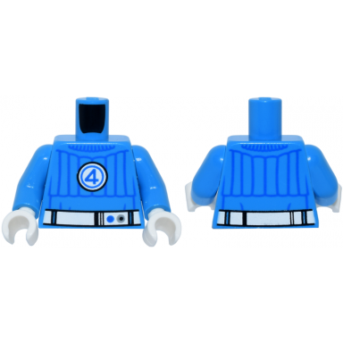 dark azure torso super hero costume with blue trim and collar white belt and fantastic four emblem with number 4 pattern dark azure arms white hands