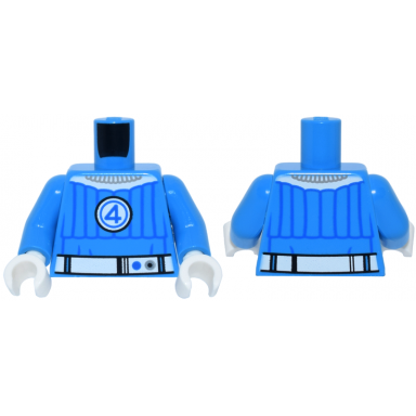 dark azure torso super hero costume with blue trim white collar belt and fantastic four emblem with number 4 pattern dark azure arms white hands
