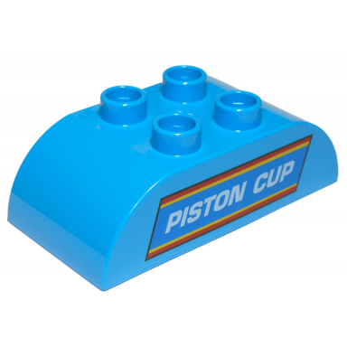 dark azure duplo brick 2 x 4 slope curved double with white piston cup on blue red and yellow striped parallelogram pattern