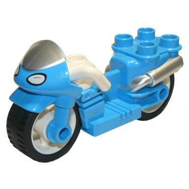 dark azure duplo motorcycle with rubber wheels white handlebars windscreen and headlights pattern