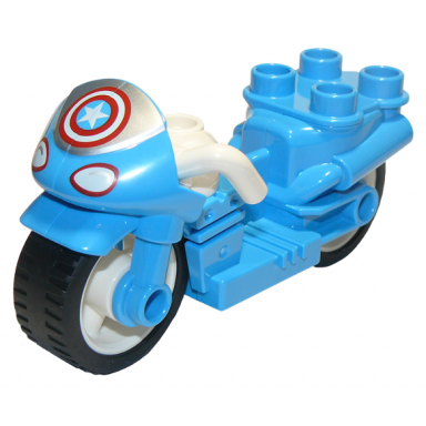 dark azure duplo motorcycle with rubber wheels white handlebars headlights and captain america star pattern