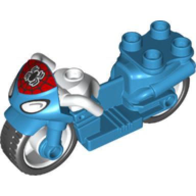 dark azure duplo motorcycle with rubber wheels white handlebars headlights black spider-man logo on red windshield pattern