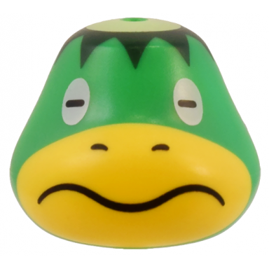 minifigure head modified turtle with molded yellow face and printed white eyes black nostrils and mouth yellowish green bald spot and dark green hair pattern