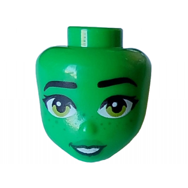 bright green mini doll head friends with black eyebrows and eyelashes lime eyes green lips and freckles open mouth smile with white teeth pattern
