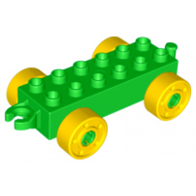 bright green duplo car base 2 x 6 with open hitch end and yellow wheels with fake bolts