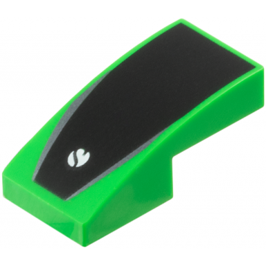 bright green slope curved 2 x 1 x 2 3 with sauber formula 1 logo partial capital letter s on white circle black trapezoid dark silver stripes pattern