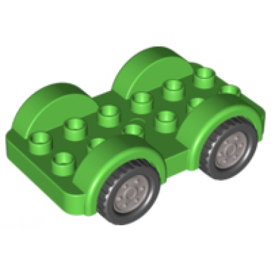 bright green duplo car base 2 x 6 with black tires with flat silver wheels on fixed axles