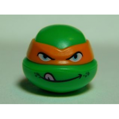 bright green minifigure head modified ninja turtle with orange mask and tongue out pattern michelangelo