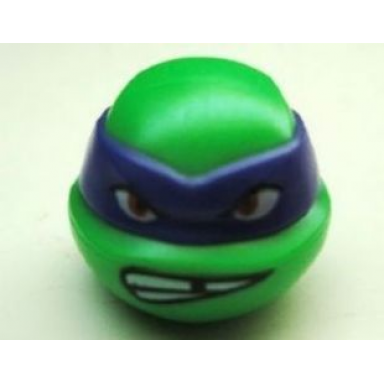 bright green minifigure head modified ninja turtle with dark purple mask and missing tooth scowl pattern donatello