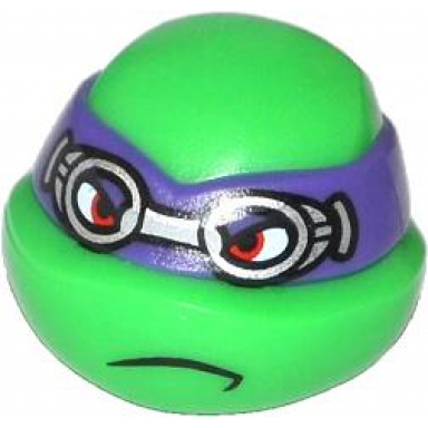 bright green minifigure head modified ninja turtle with dark purple mask and goggles pattern donatello