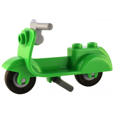 bright green scooter with dark bluish gray stand light bluish gray handlebars and light bluish gray wheels