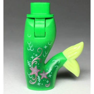 mini doll hips and mermaid merman tail assembly with yellowish green caudal fin and metallic pink stars and filigree pattern