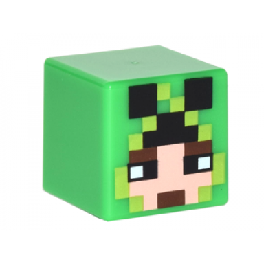 bright green minifigure head modified cube with pixelated light nougat face black eyes dark brown eyebrows and mouth and creeper hood pattern minecraft skin